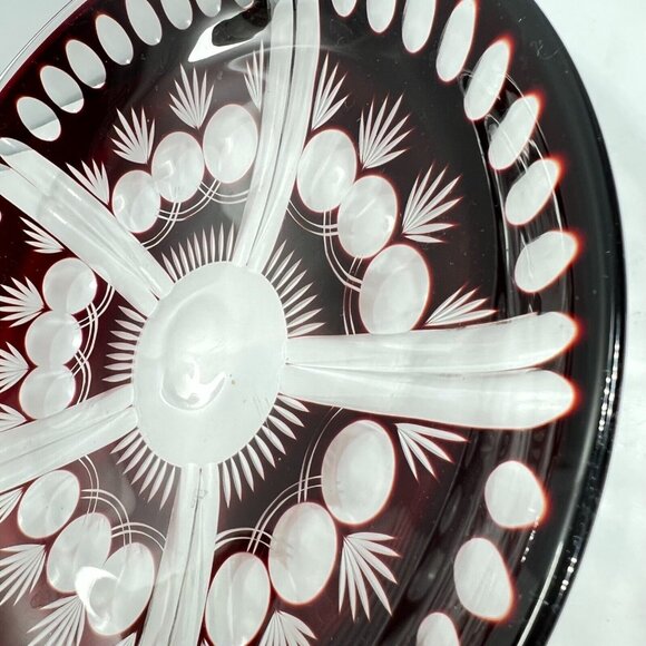 Czech Bohemian Ruby Red Cut To Clear Glass Serving Bowl Coin Dot Cranberry 9" - Picture 9 of 10